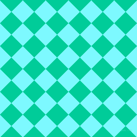 45/135 degree angle diagonal checkered chequered squares checker pattern checkers background, 56 pixel squares size, , Electric Blue and Caribbean Green checkers chequered checkered squares seamless tileable