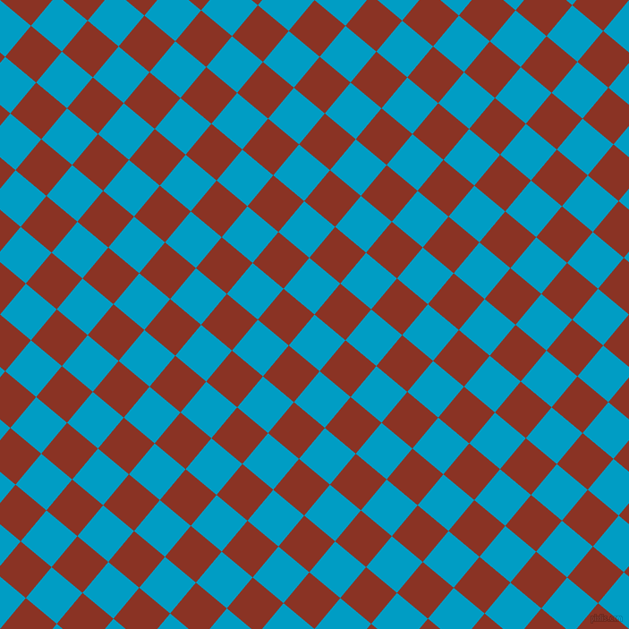 50/140 degree angle diagonal checkered chequered squares checker pattern checkers background, 45 pixel squares size, Pacific Blue and Burnt Umber checkers chequered checkered squares seamless tileable