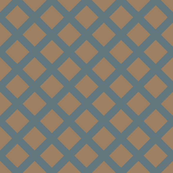 45/135 degree angle diagonal checkered chequered lines, 25 pixel lines width, 58 pixel square size, Blue Bayoux and Sorrell Brown plaid checkered seamless tileable