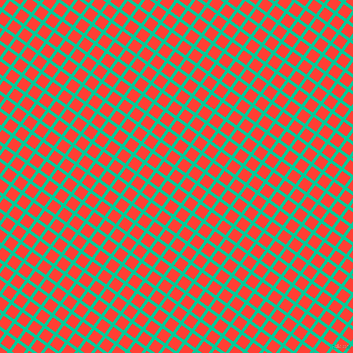 54/144 degree angle diagonal checkered chequered lines, 6 pixel line width, 21 pixel square size, Caribbean Green and Red Orange plaid checkered seamless tileable