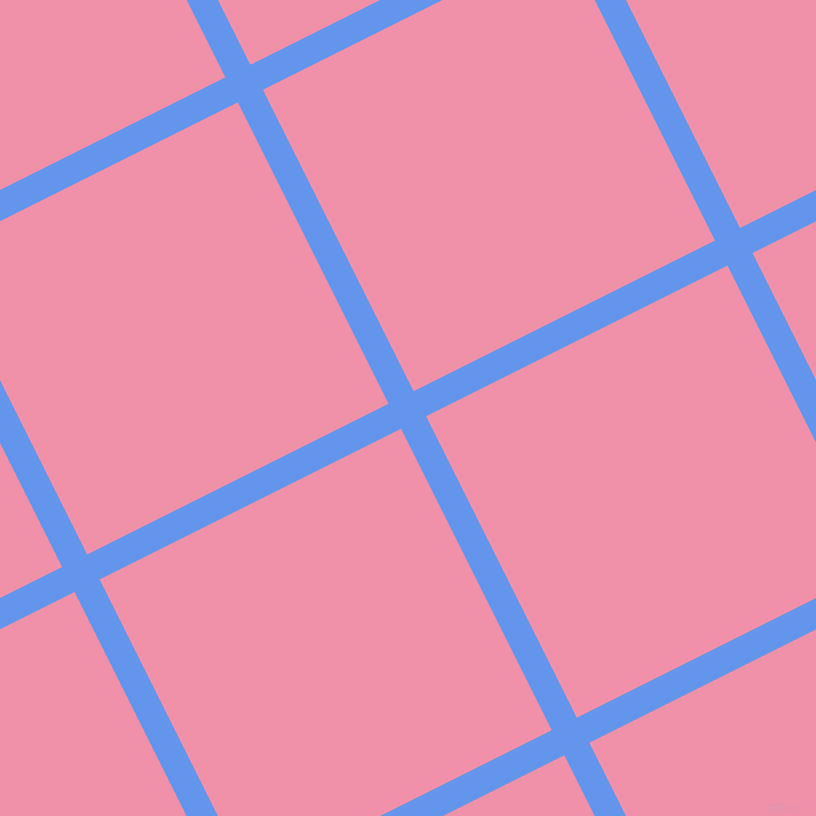 27/117 degree angle diagonal checkered chequered lines, 28 pixel lines width, 337 pixel square size, Cornflower Blue and Mauvelous plaid checkered seamless tileable