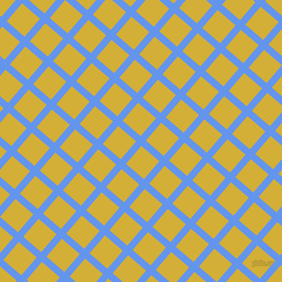 49/139 degree angle diagonal checkered chequered lines, 10 pixel line width, 34 pixel square size, Cornflower Blue and Metallic Gold plaid checkered seamless tileable