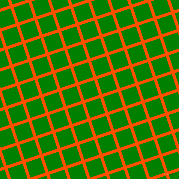 18/108 degree angle diagonal checkered chequered lines, 11 pixel line width, 55 pixel square size, International Orange and Green plaid checkered seamless tileable