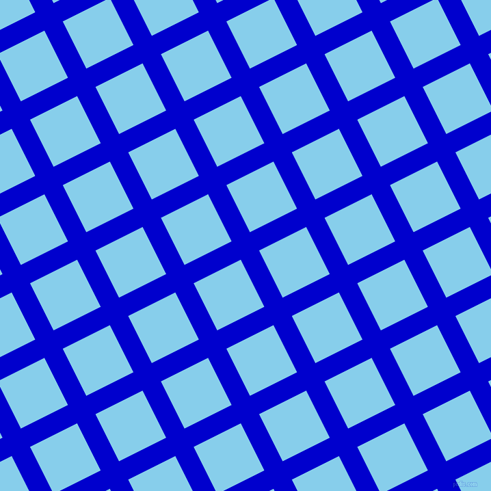 27/117 degree angle diagonal checkered chequered lines, 30 pixel line width, 77 pixel square size, Medium Blue and Sky Blue plaid checkered seamless tileable