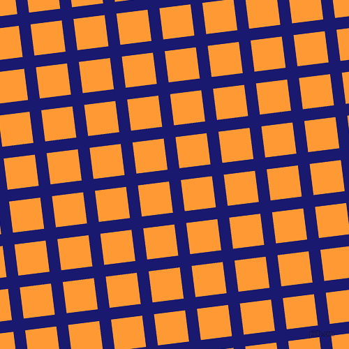 7/97 degree angle diagonal checkered chequered lines, 17 pixel lines width, 45 pixel square size, Midnight Blue and Neon Carrot plaid checkered seamless tileable
