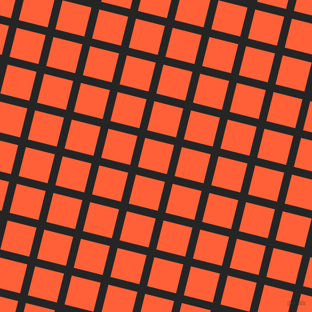 76/166 degree angle diagonal checkered chequered lines, 16 pixel line width, 60 pixel square size, Nero and Outrageous Orange plaid checkered seamless tileable