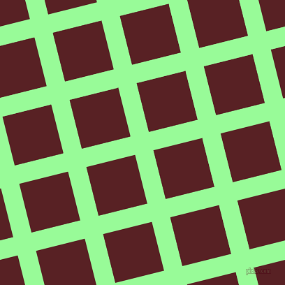 14/104 degree angle diagonal checkered chequered lines, 27 pixel line width, 72 pixel square size, Pale Green and Burnt Crimson plaid checkered seamless tileable