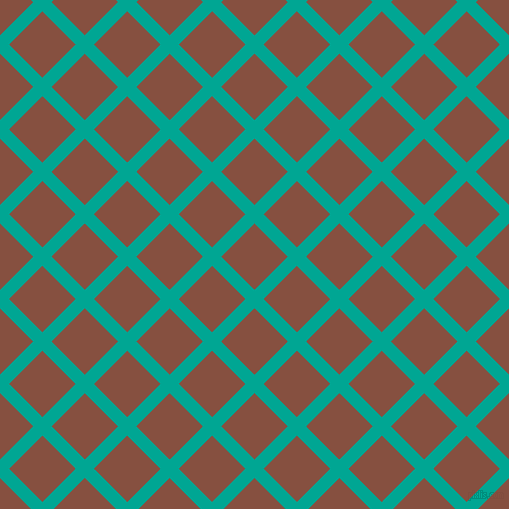 45/135 degree angle diagonal checkered chequered lines, 13 pixel lines width, 47 pixel square size, Persian Green and Ironstone plaid checkered seamless tileable