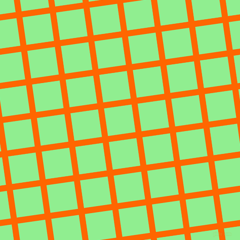 8/98 degree angle diagonal checkered chequered lines, 12 pixel line width, 55 pixel square size, Safety Orange and Light Green plaid checkered seamless tileable