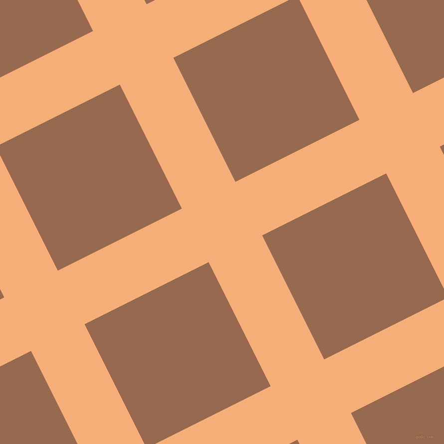 27/117 degree angle diagonal checkered chequered lines, 120 pixel line width, 278 pixel square size, Tacao and Dark Tan plaid checkered seamless tileable