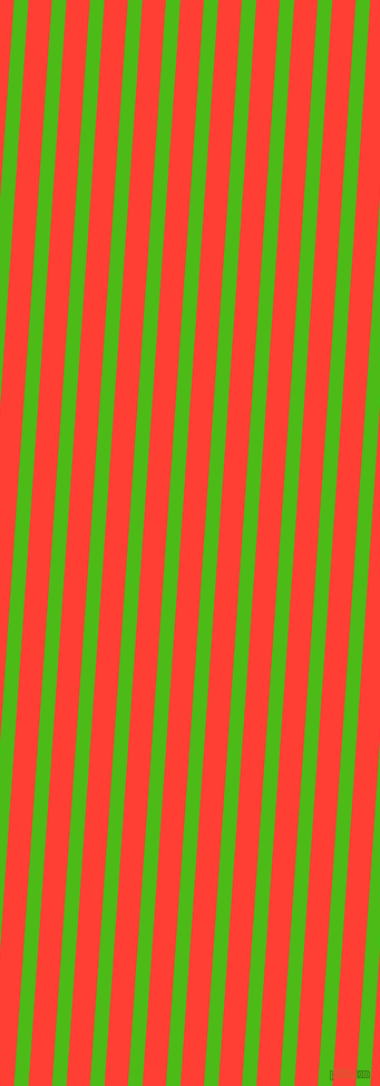 86 degree angle lines stripes, 13 pixel line width, 21 pixel line spacing, Kelly Green and Red Orange stripes and lines seamless tileable