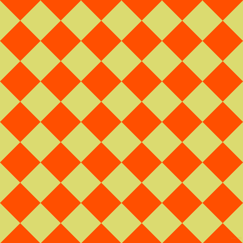 45/135 degree angle diagonal checkered chequered squares checker pattern checkers background, 99 pixel square size, , Goldenrod and International Orange checkers chequered checkered squares seamless tileable