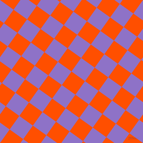 54/144 degree angle diagonal checkered chequered squares checker pattern checkers background, 58 pixel square size, International Orange and True V checkers chequered checkered squares seamless tileable