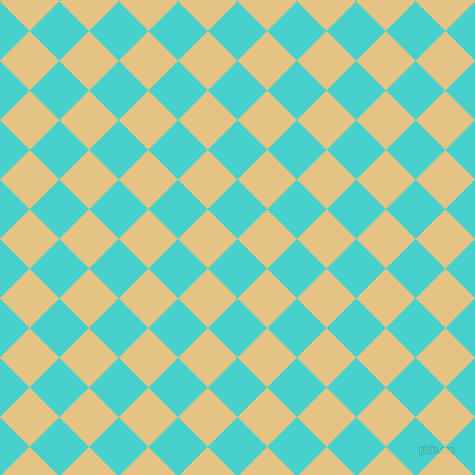 45/135 degree angle diagonal checkered chequered squares checker pattern checkers background, 42 pixel square size, , Medium Turquoise and New Orleans checkers chequered checkered squares seamless tileable