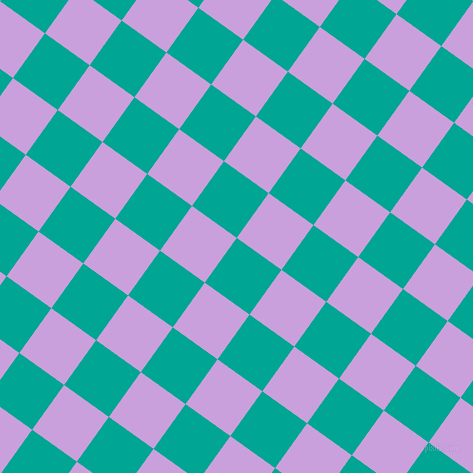 54/144 degree angle diagonal checkered chequered squares checker pattern checkers background, 55 pixel squares size, , Persian Green and Wisteria checkers chequered checkered squares seamless tileable