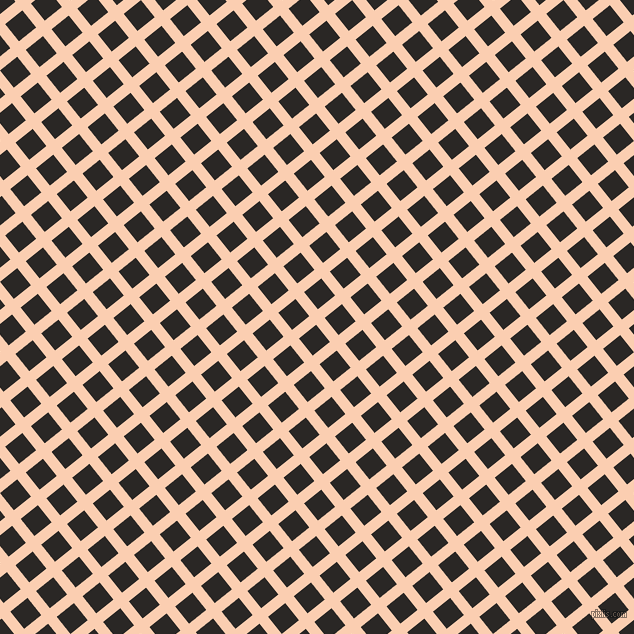 39/129 degree angle diagonal checkered chequered lines, 11 pixel lines width, 22 pixel square size, Apricot and Bokara Grey plaid checkered seamless tileable