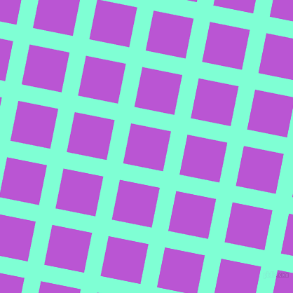 79/169 degree angle diagonal checkered chequered lines, 24 pixel lines width, 58 pixel square size, Aquamarine and Medium Orchid plaid checkered seamless tileable