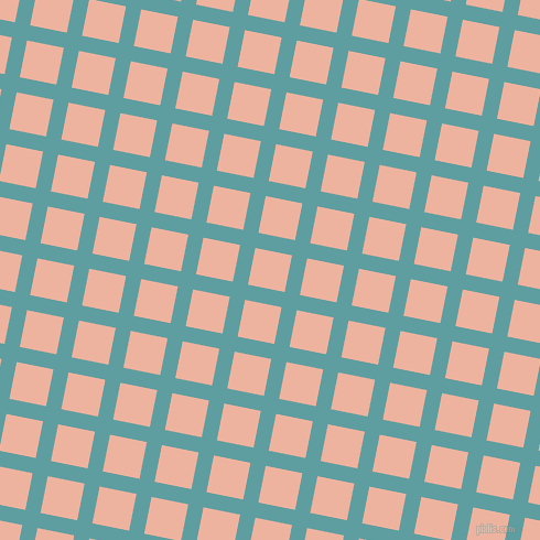 79/169 degree angle diagonal checkered chequered lines, 14 pixel line width, 34 pixel square size, Cadet Blue and Wax Flower plaid checkered seamless tileable