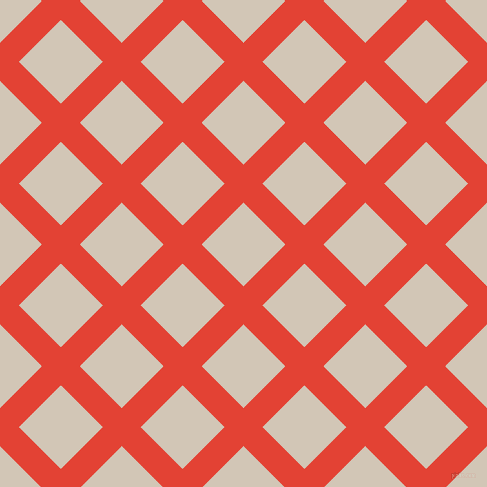 45/135 degree angle diagonal checkered chequered lines, 39 pixel line width, 86 pixel square size, Cinnabar and Stark White plaid checkered seamless tileable