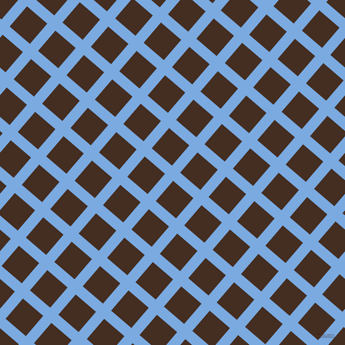 49/139 degree angle diagonal checkered chequered lines, 21 pixel line width, 52 pixel square size, Jordy Blue and Morocco Brown plaid checkered seamless tileable