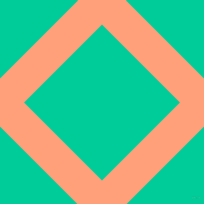 45/135 degree angle diagonal checkered chequered lines, 136 pixel lines width, 441 pixel square size, Light Salmon and Caribbean Green plaid checkered seamless tileable