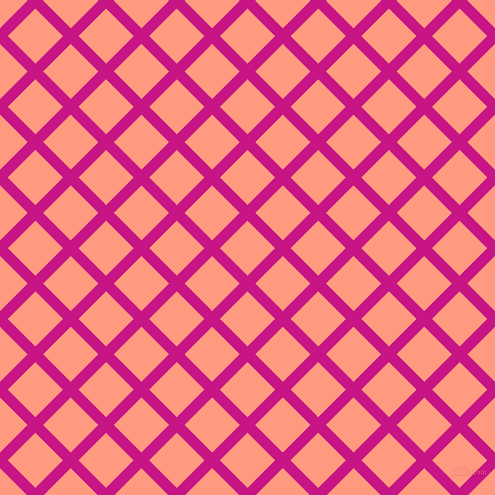 45/135 degree angle diagonal checkered chequered lines, 11 pixel lines width, 39 pixel square size, Medium Violet Red and Vivid Tangerine plaid checkered seamless tileable