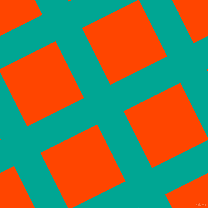 27/117 degree angle diagonal checkered chequered lines, 97 pixel lines width, 209 pixel square size, Persian Green and Orange Red plaid checkered seamless tileable