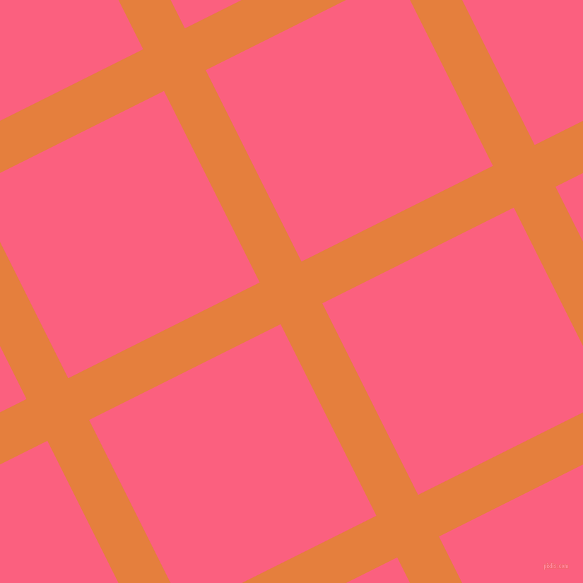 27/117 degree angle diagonal checkered chequered lines, 66 pixel lines width, 303 pixel square size, Pizazz and Brink Pink plaid checkered seamless tileable